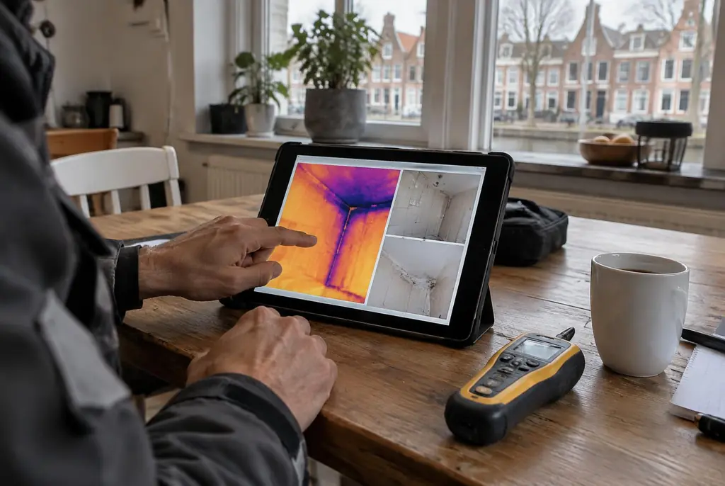 Lekdetectie Heerde – lekdetectierapport met warmtebeelden en foto's op een tablet