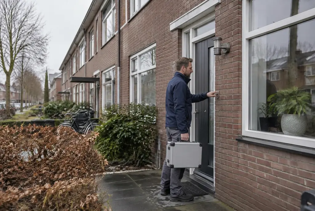 Lekdetectiespecialist met meetkoffer bij de voordeur van een woning in Heerde